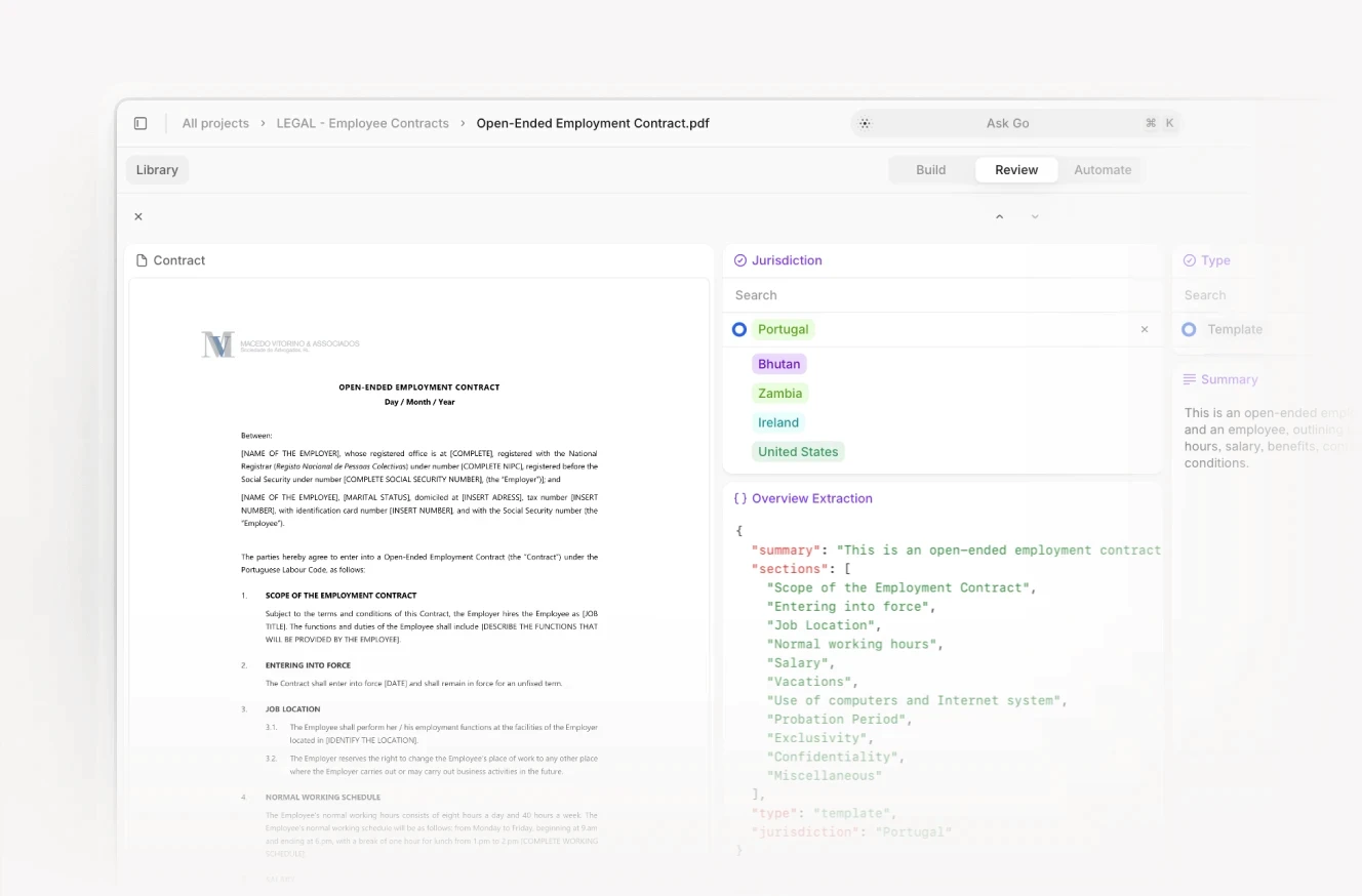 An AI-powered interface displaying an open-ended employment contract document on the left and extracted structured data on the right.