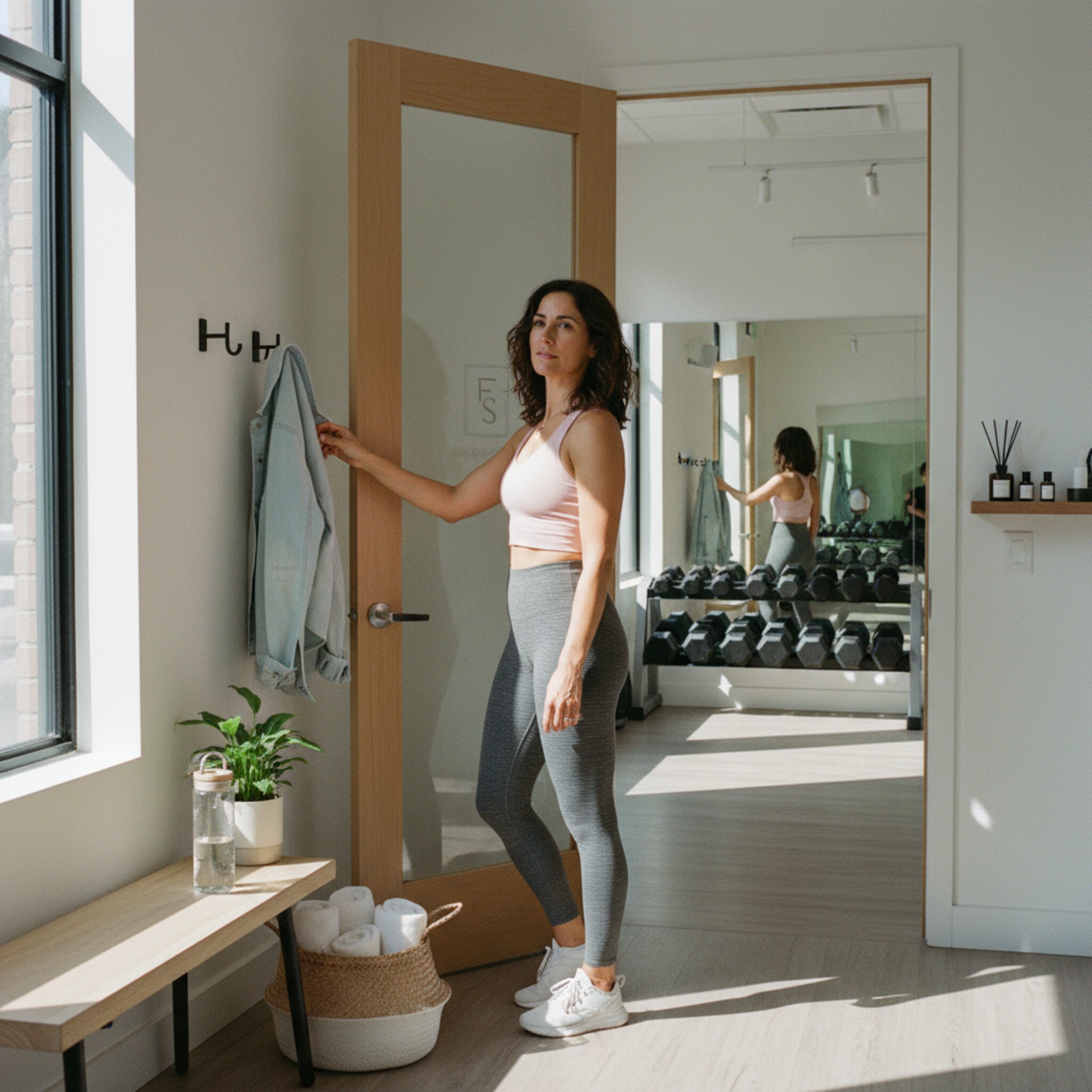 Ein kleiner Studioeingang mit offen stehender Tür, innen ist ein aufgeräumter Raum mit Spiegeln und geordneten Hanteln zu sehen. Eine Teilnehmerin hängt ihre Jacke an einen schlichten Haken und stellt eine Wasserflasche ab. Die Szene vermittelt Verbindlichkeit und entspannte Vorbereitung vor dem Kursbeginn.