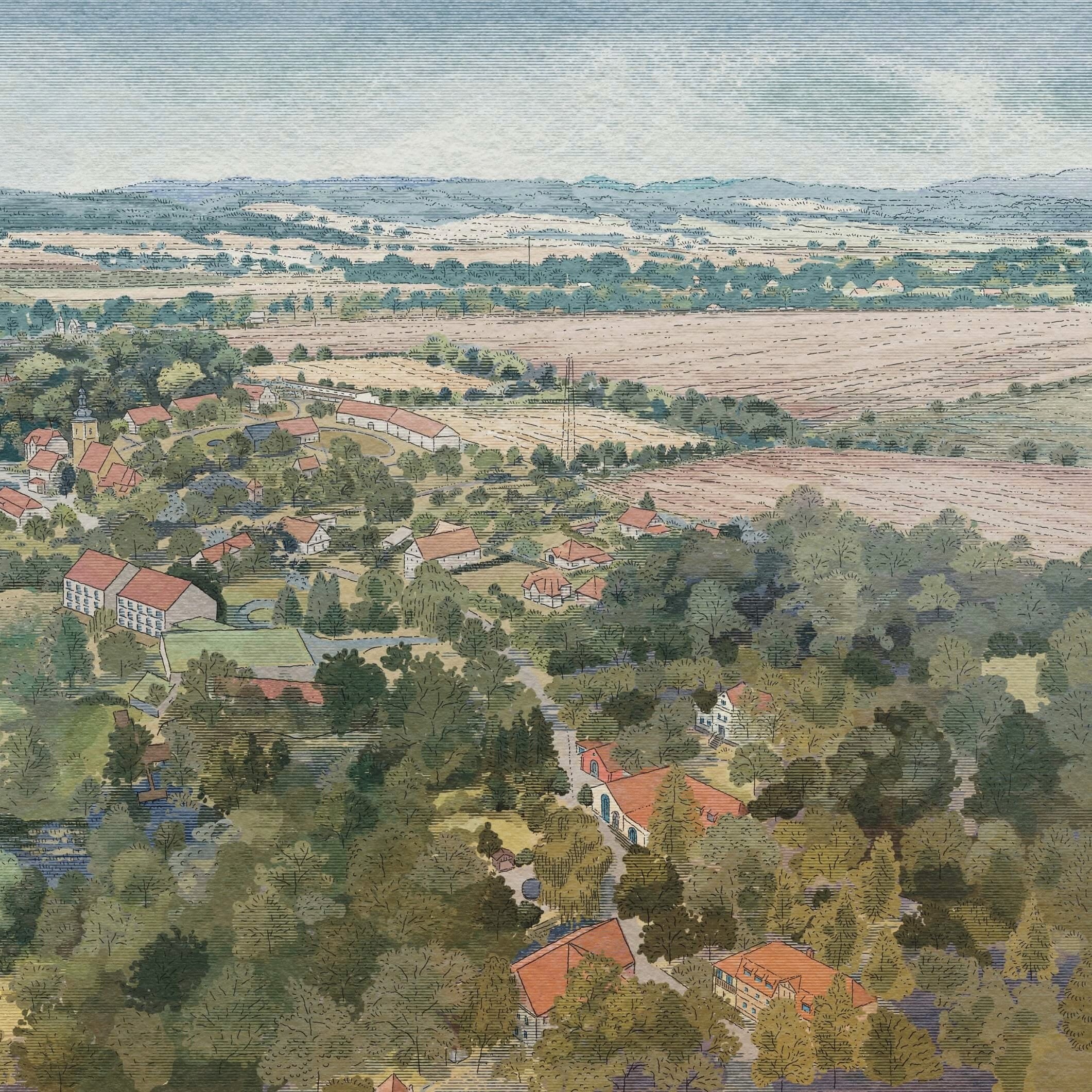 A panoramic view of a lush landscape with rolling hills, fields, and scattered trees under an overcast sky.