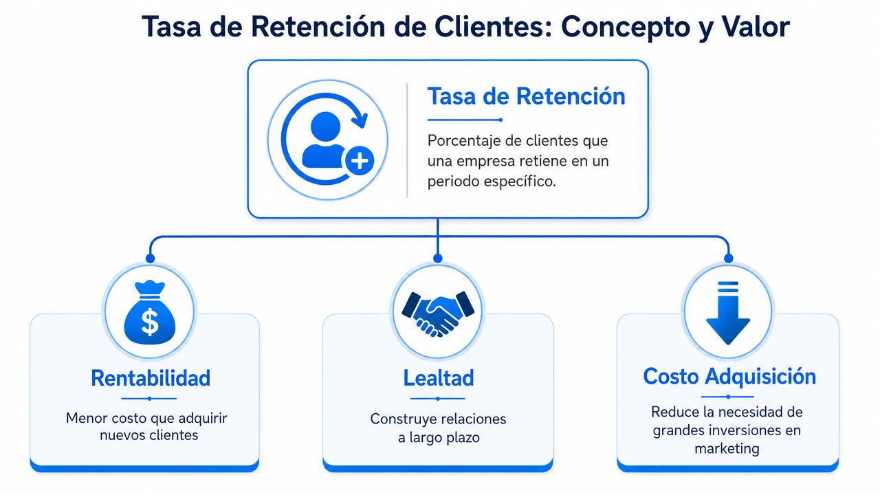 Diagrama explicativo sobre el concepto y el valor de la tasa de retención de clientes empresarial.