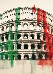 The Colosseum in Rome overlaid with the colors of the Italian flag, representing Story Inventory's service for crafting social media posts that resonate with the Italian market by sharing your product's story in Italian