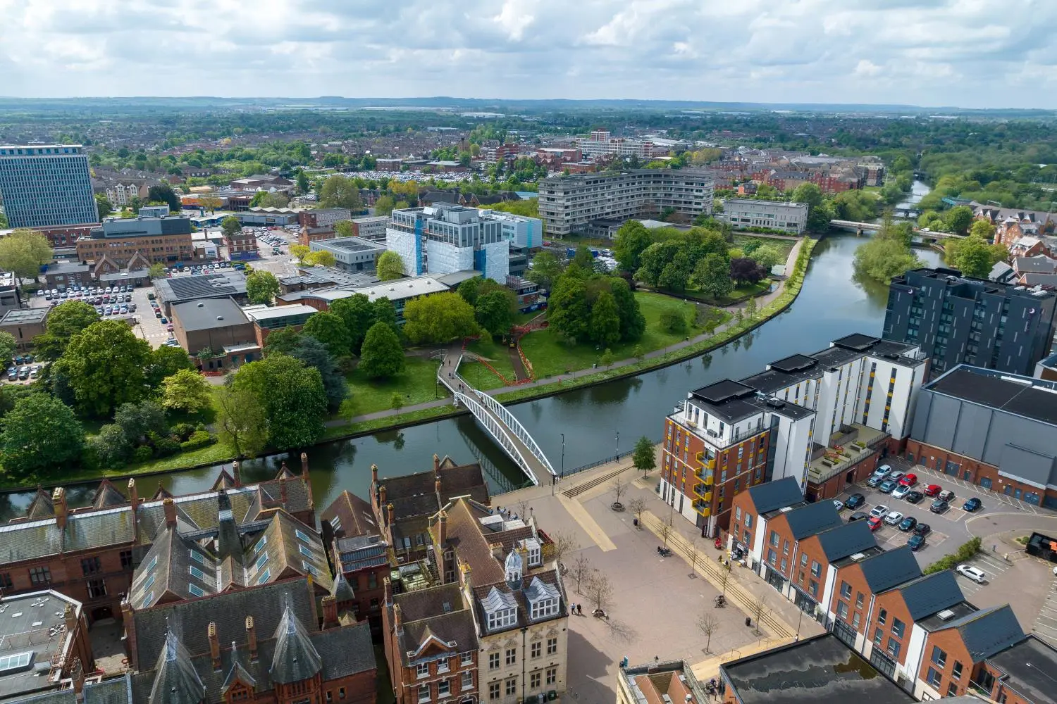 Aerial view of Bedford town centre and the River Great Ouse.