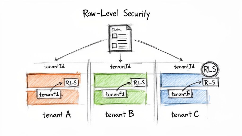 Diagram illustrating row-level security (RLS) across multiple tenants, filtering data by tenant ID.