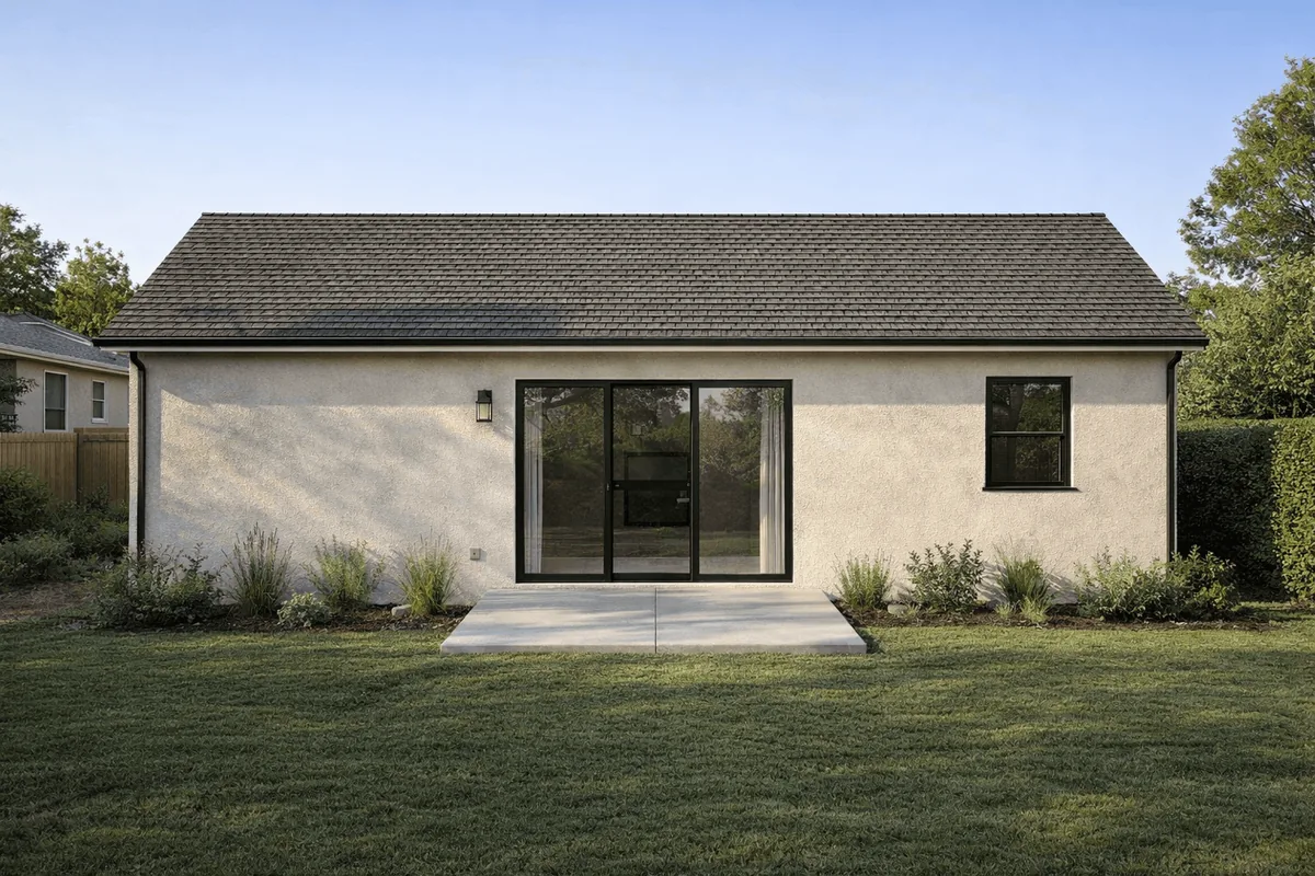 A modern single-story house with a simple facade, front porch, and surrounding greenery under a clear blue sky.