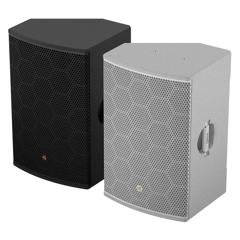 Two speakers, one black, one silver