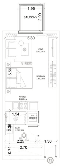 Studio apartment floor plan from Vue, Dubai, illustrating the arrangement of living spaces and rooms.