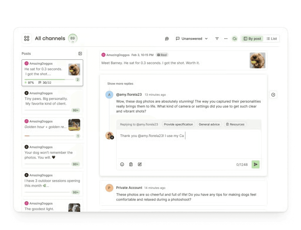RedactAI's social media management interface, allowing the user to review posts on different channels and reply to each
