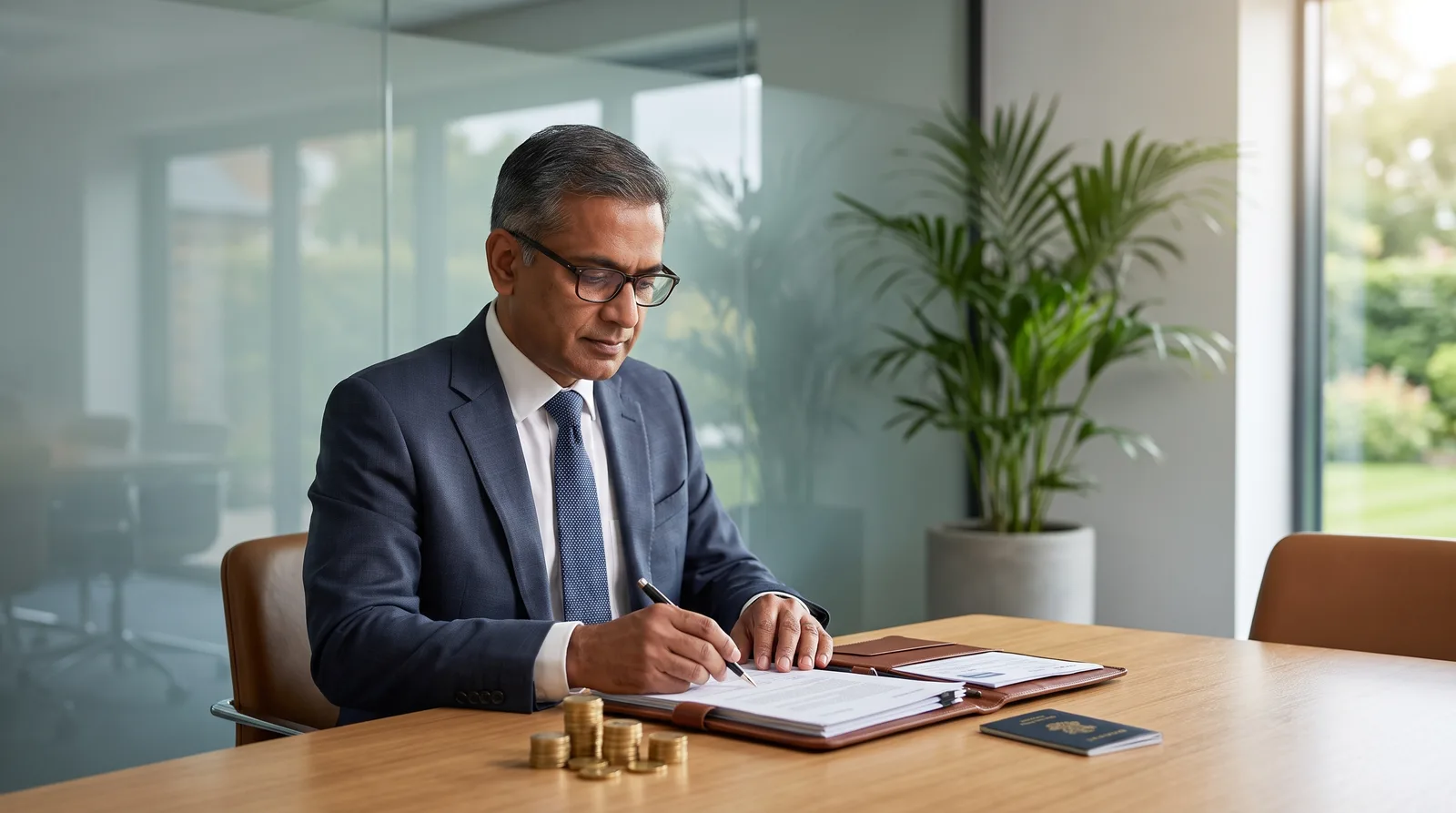 Indian founder reviewing UAE residency visa paperwork at a bright Dubai office