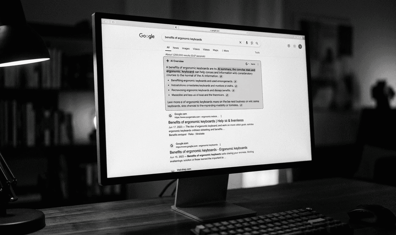 Person reviewing Google search results on a monitor, representing the impact of AI Overviews on SEO strategy