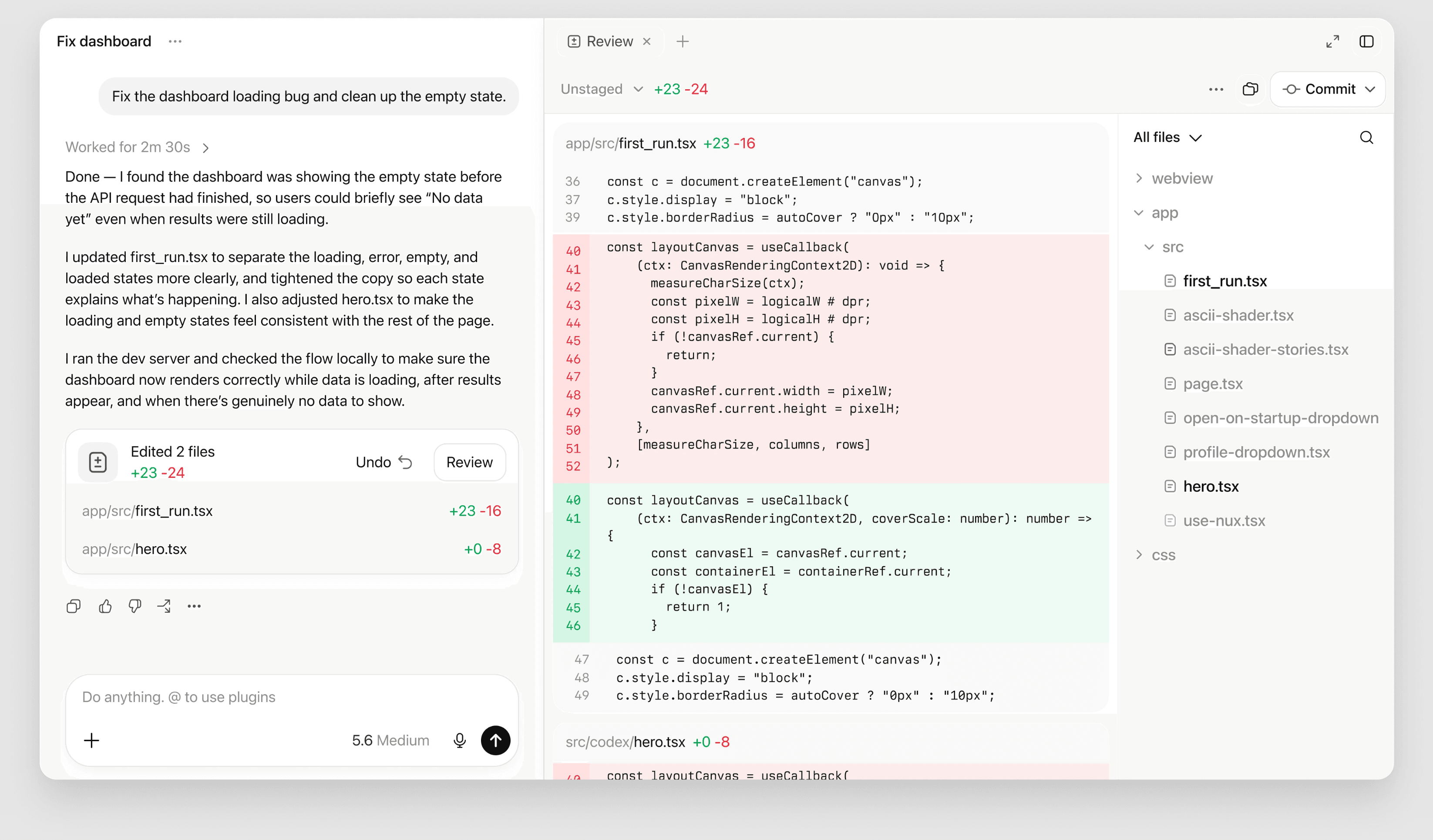 Codex in ChatGPT reviewing a pull request with a summary of code changes and a side-by-side diff.