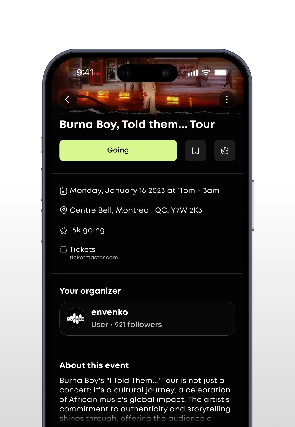 Detailed event page for the Roamr app made by Kad Studio.