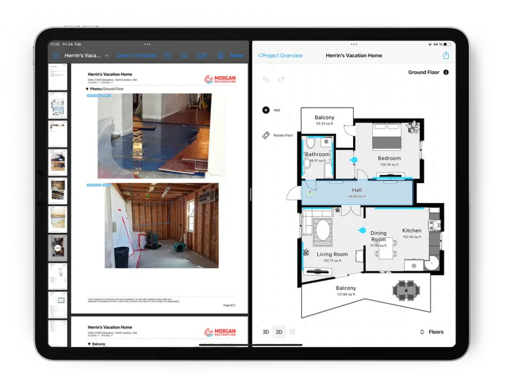 magic plan inspection report combined with a detailed floor plan for restoration documentation