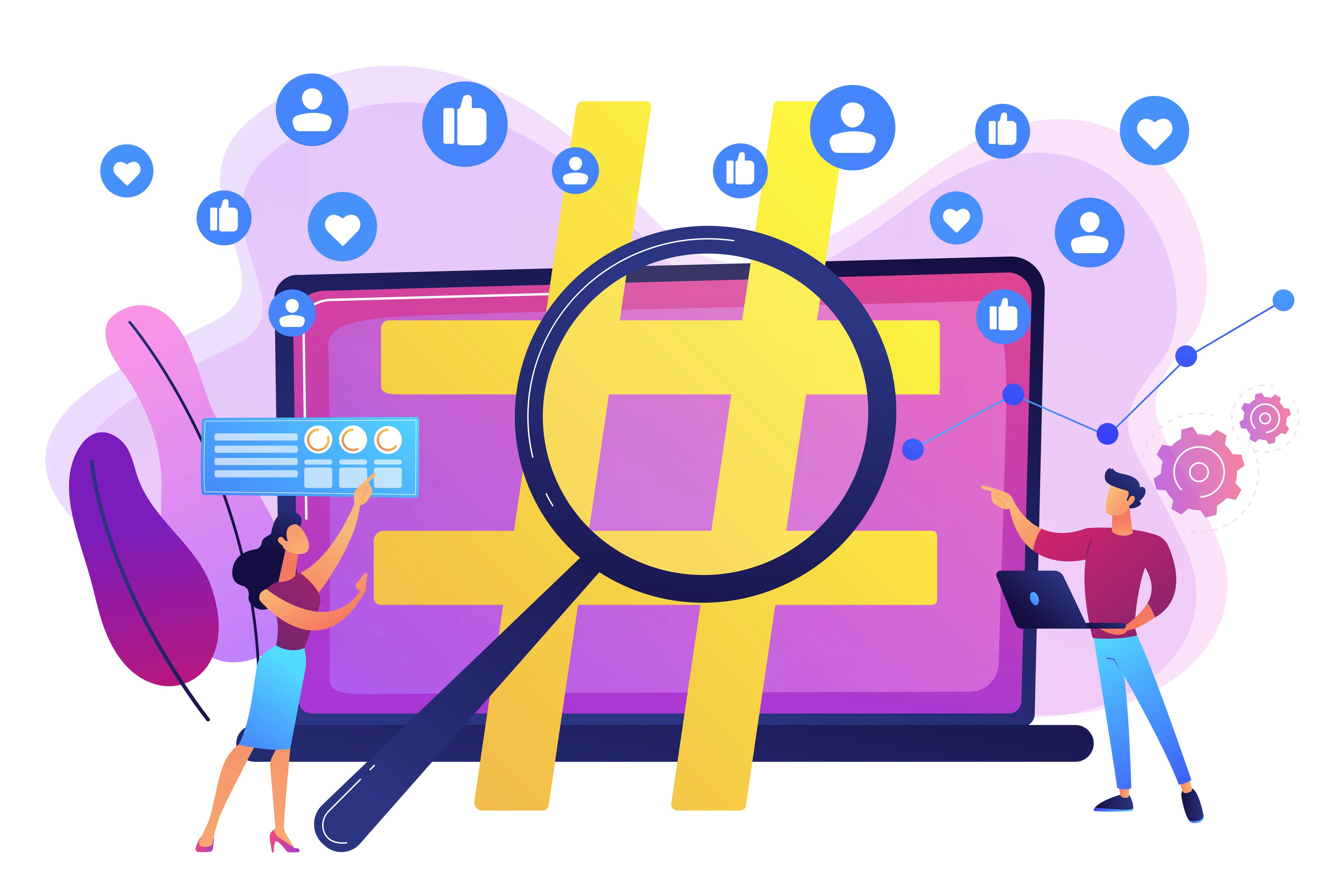 Marketers analyzing a large hashtag on a screen with likes and follower icons, representing social media hashtag strategy