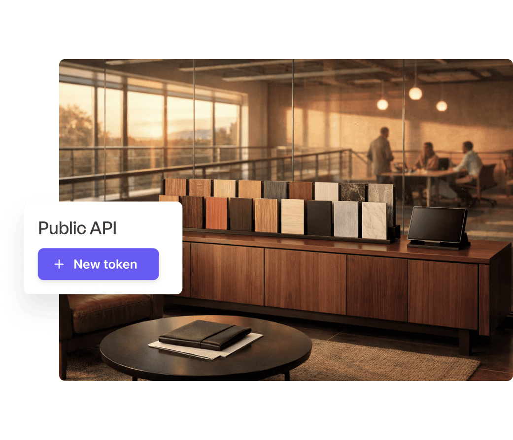 A stylish brown leather handbag with a gold buckle and a patterned silk scarf is elegantly displayed on a beige pedestal against a neutral background, alongside a digital interface element labeled "Public API" with a purple "+ New token" button.