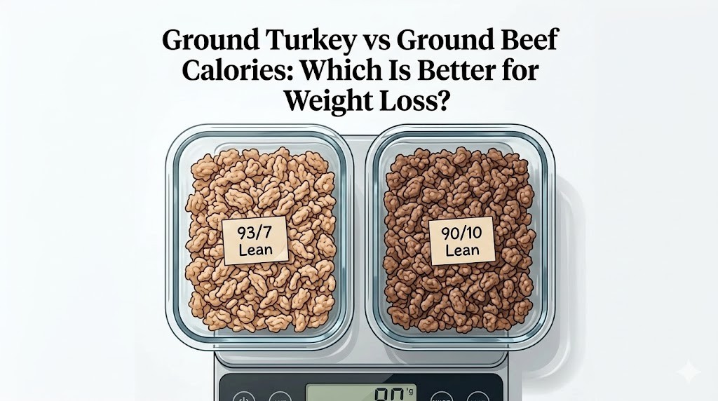 An illustrative comparison of two meal prep containers, side-by-side on a digital scale, containing cooked lean ground turkey (left, 93/7 Lean) and ground beef (right, 90/10 Lean). Text above the containers reads: Ground Turkey vs Ground Beef Calories: Which Is Better for Weight Loss?