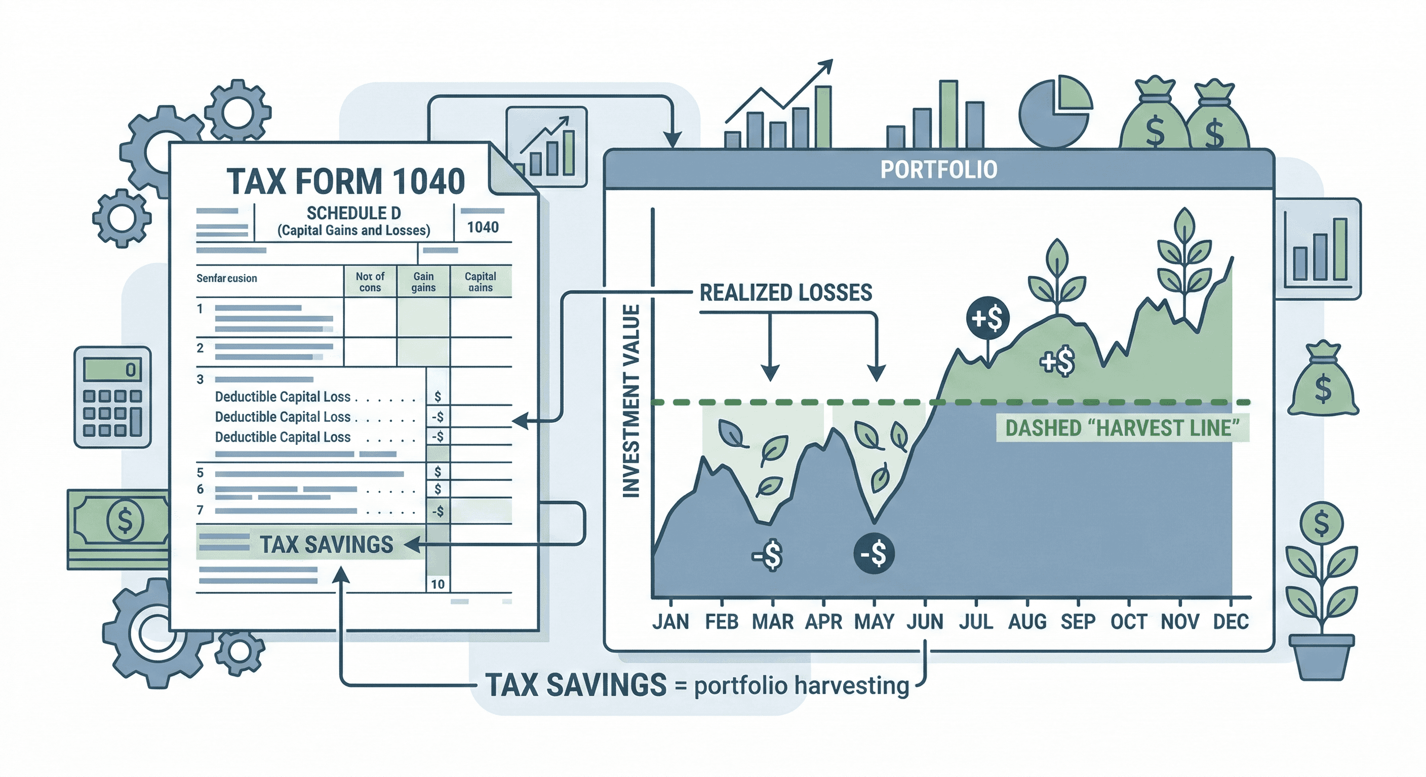 Diagram showing tax-loss harvesting process with portfolio graph and tax offset