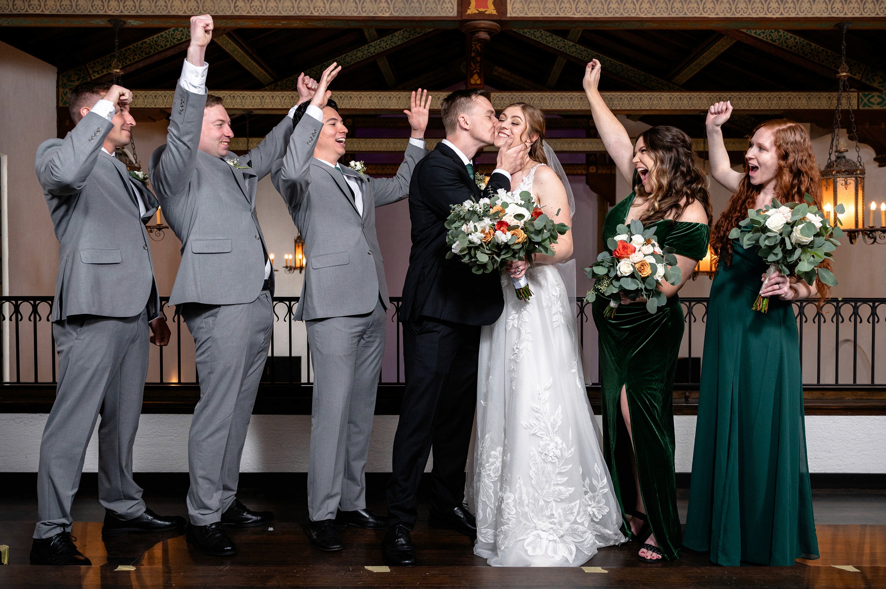 Flat lay wedding details with bouquet, rings, and sparkling bridal heels