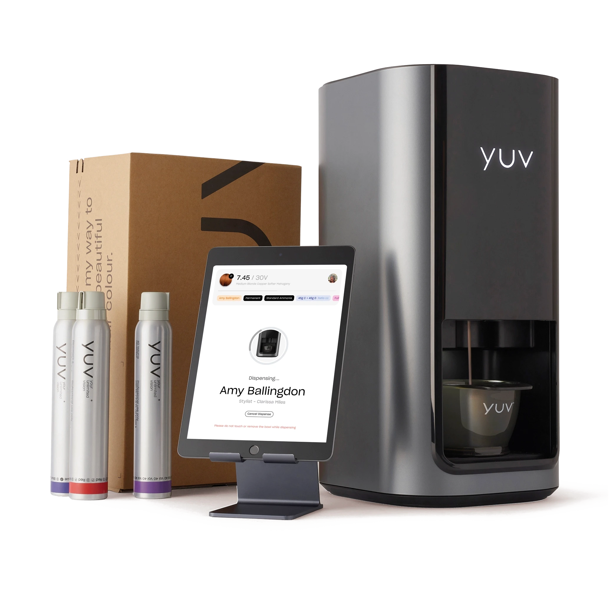 The full yuv® system showing the Lab, ipad and App and the yuv® colour cartridges.