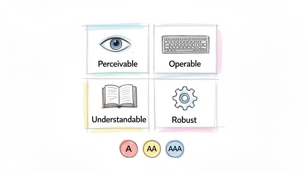 Illustration of web accessibility principles: Perceivable, Operable, Understandable, Robust, with A, AA, AAA conformance levels.