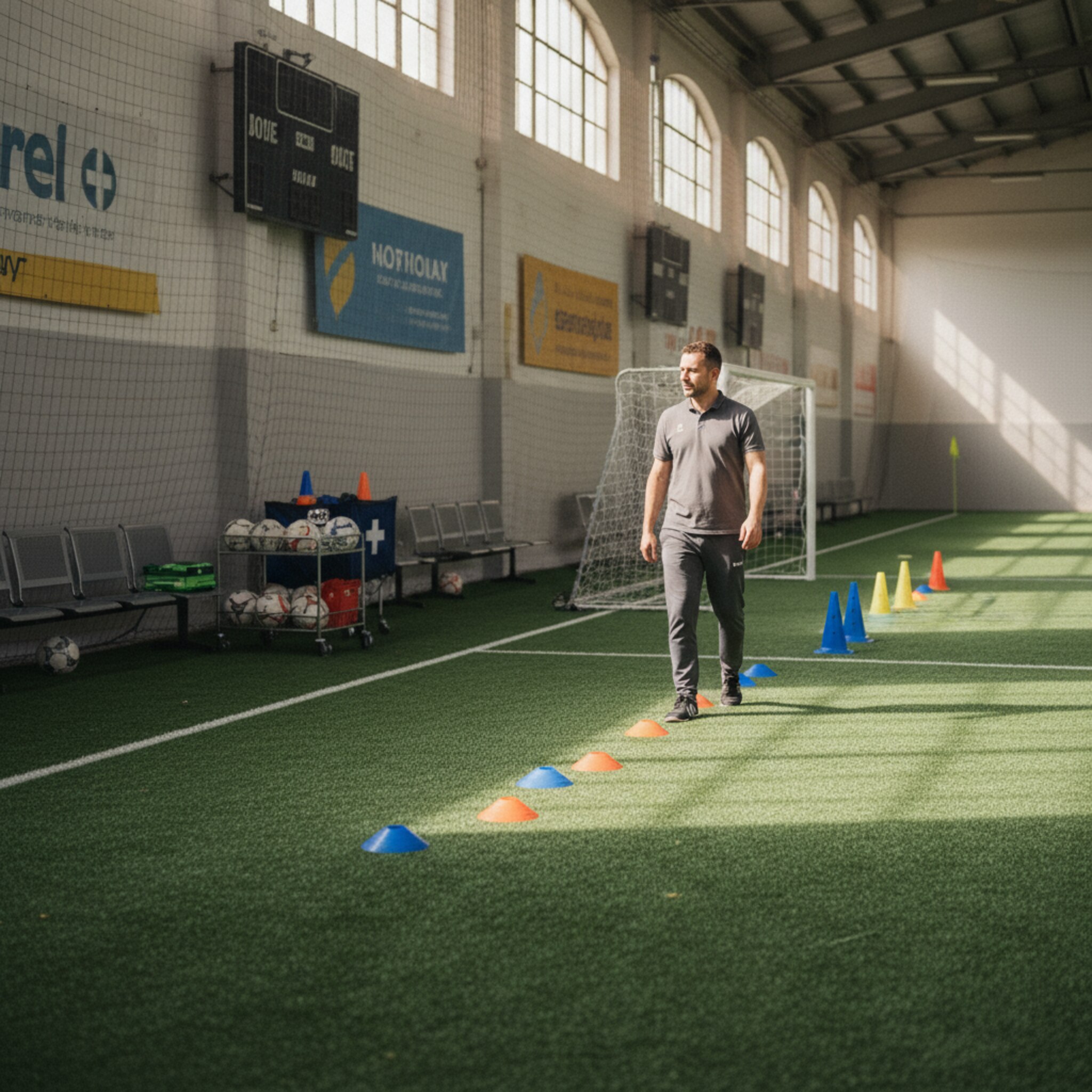 Ein leerer Court am frühen Nachmittag, Sonnenstrahlen fallen durch hohe Fenster und zeichnen Linien aufs Grün. Ein Hallenmitarbeiter richtet Hütchen und checkt die Netze. In der Ferne hängen nummerierte Banden, ruhig und aufgeräumt. Die Atmosphäre wirkt konzentriert, bereit für spontane Buchungen in der Nebenzeit.