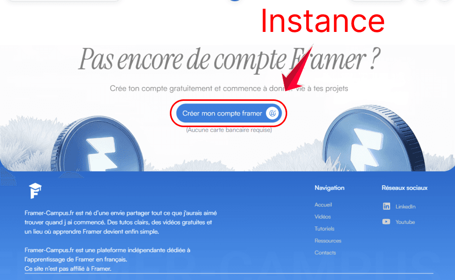exemple d’une instance de composant bouton framer utilisée dans une landing page