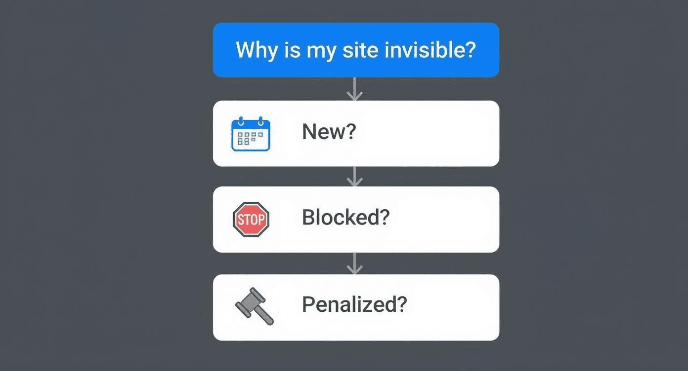 a flowchart showing three main reasons your site may not show on Google