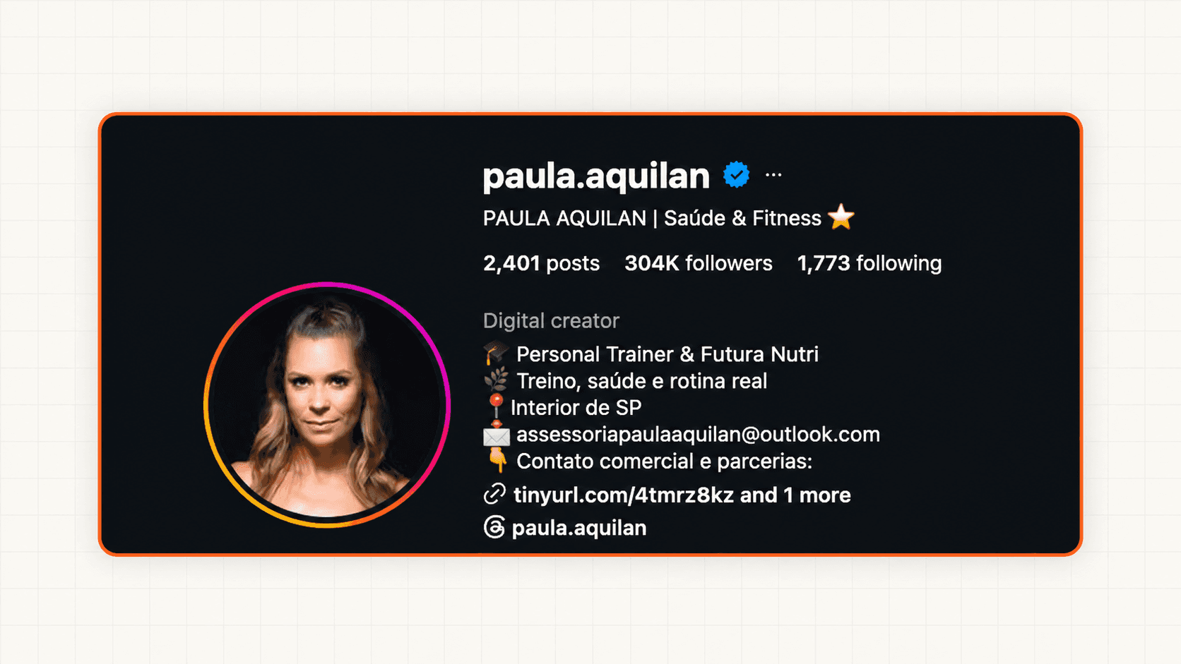 Paula’s Instagram profile showing 304K followers at the initial account review.