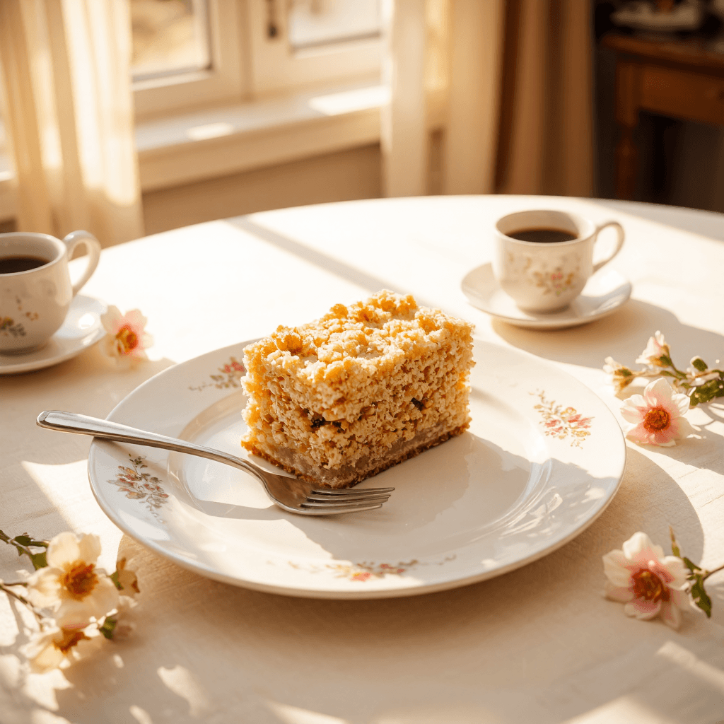 product photography of a piece of crumbly dessert on a decorative plate