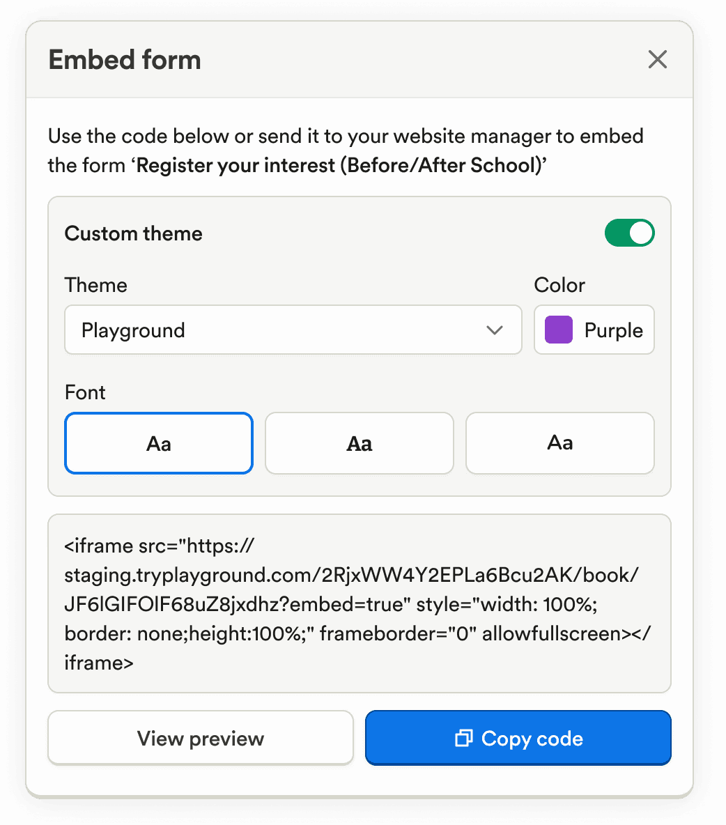 Form embed settings