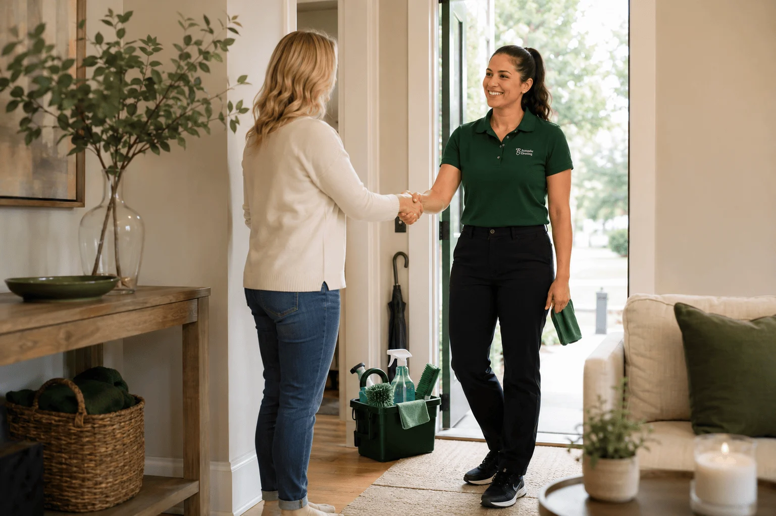 Brenda Lora, the Founder and CEO of Brenda's Cleaning, standing proudly with arms crossed outside a North Texas residential home during sunset. Dressed in a professional navy blue blouse and black trousers, she smiles warmly, representing her company's local roots, higher standards, and dedicated maid services in Keller and Southlake, Texas. The background features a well-maintained brick house with a green lawn, sidewalk, and wooden fence, highlighting premium residential housekeeping, reliable home cleaning, and a trusted, family-established business since 2014.