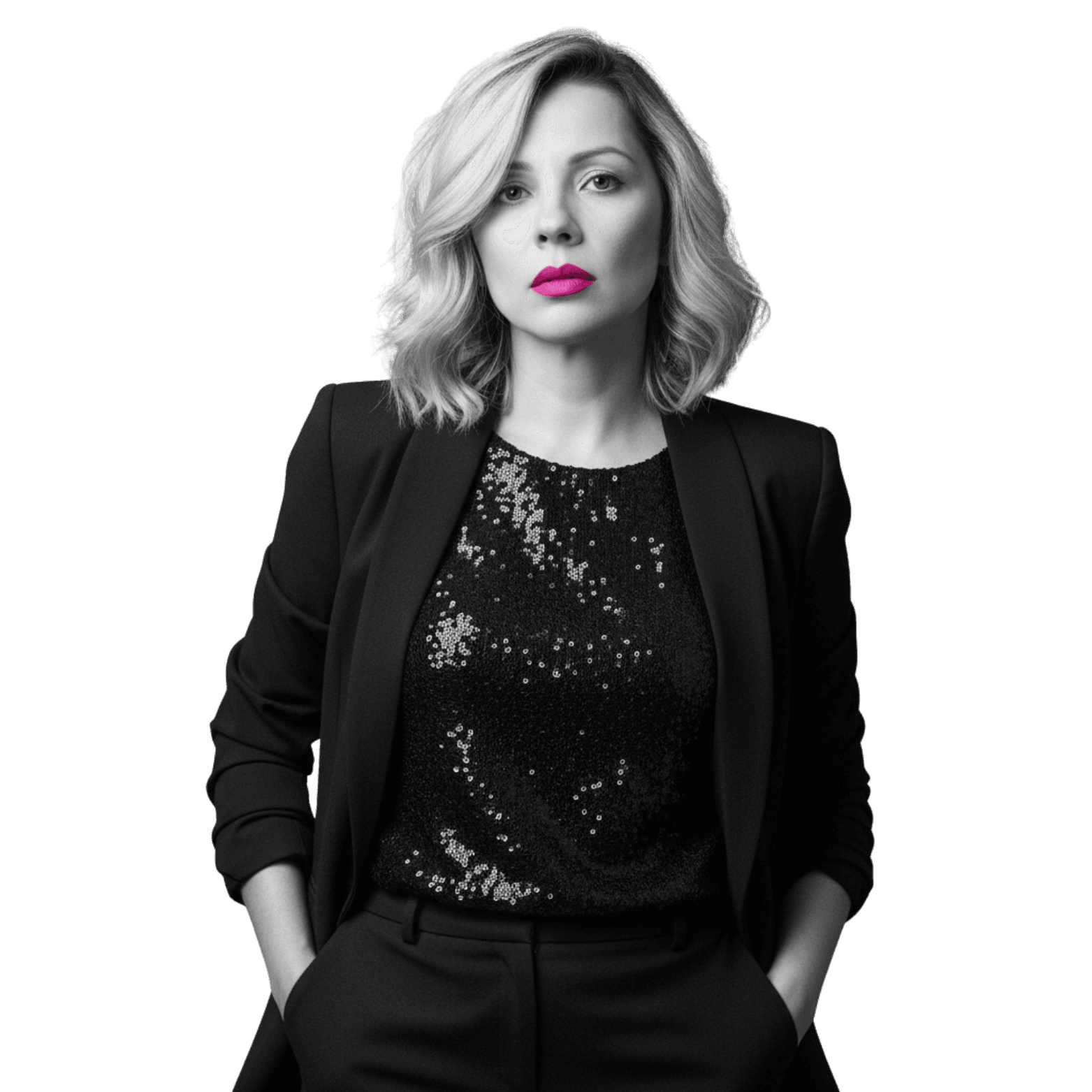 Professional woman in a suit standing in an office setting.