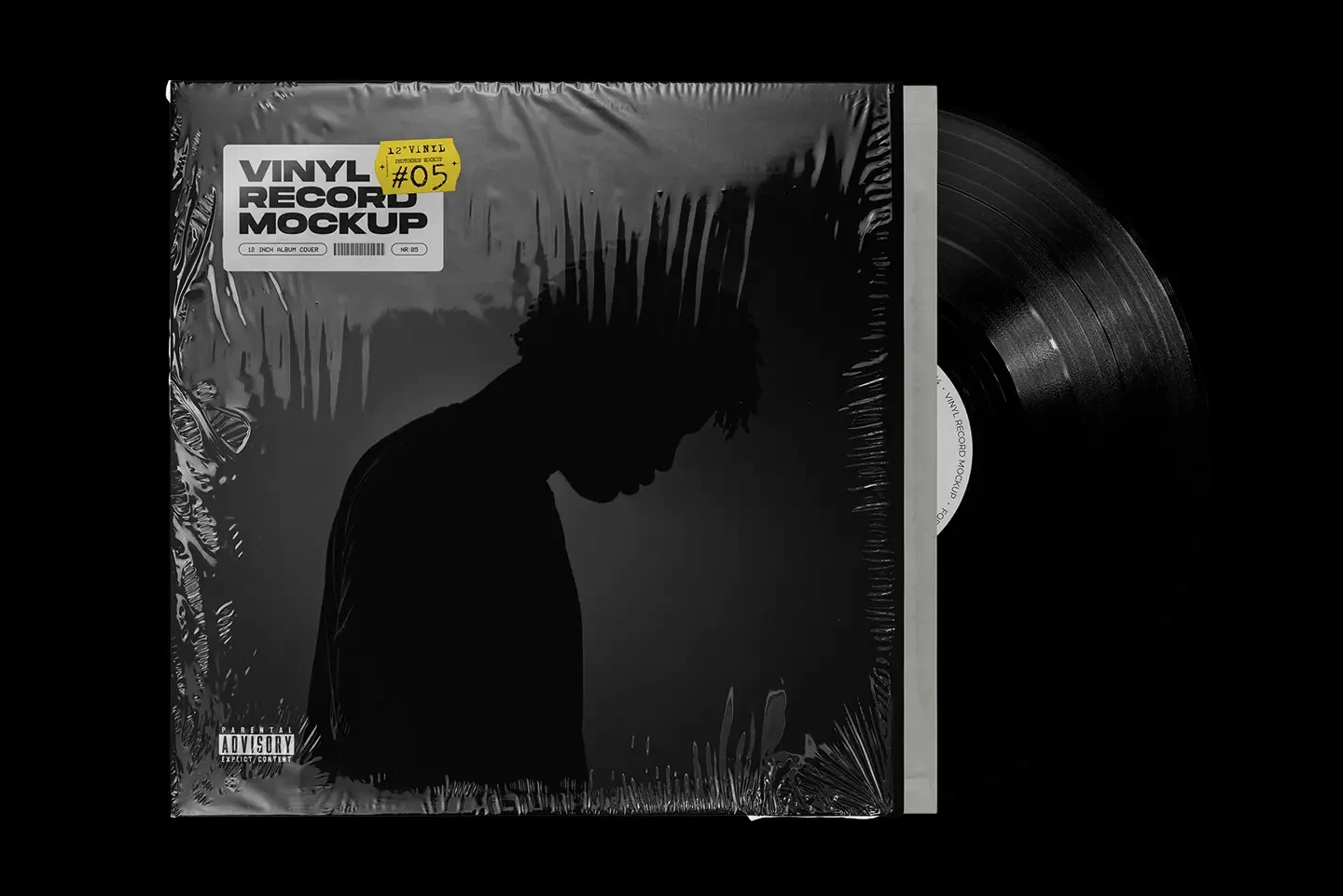 Realistic vinyl record mockup showing plastic wrap album cover and partially visible vinyl
