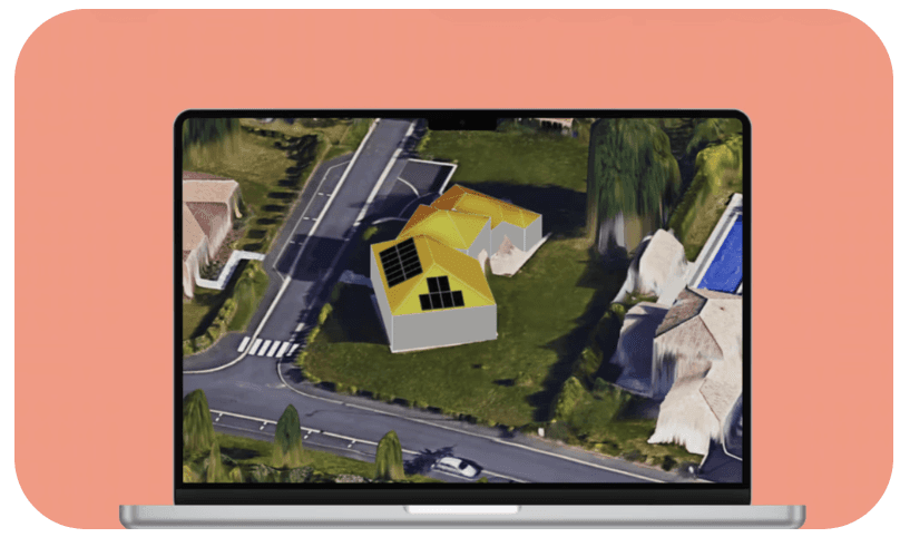 hoto d'une modélisation 3D faite par le bureau d'études Solarock qui réalise des études d'ensoleillement via IA. Solarock propose à ses clients une solution solaire sur mesure