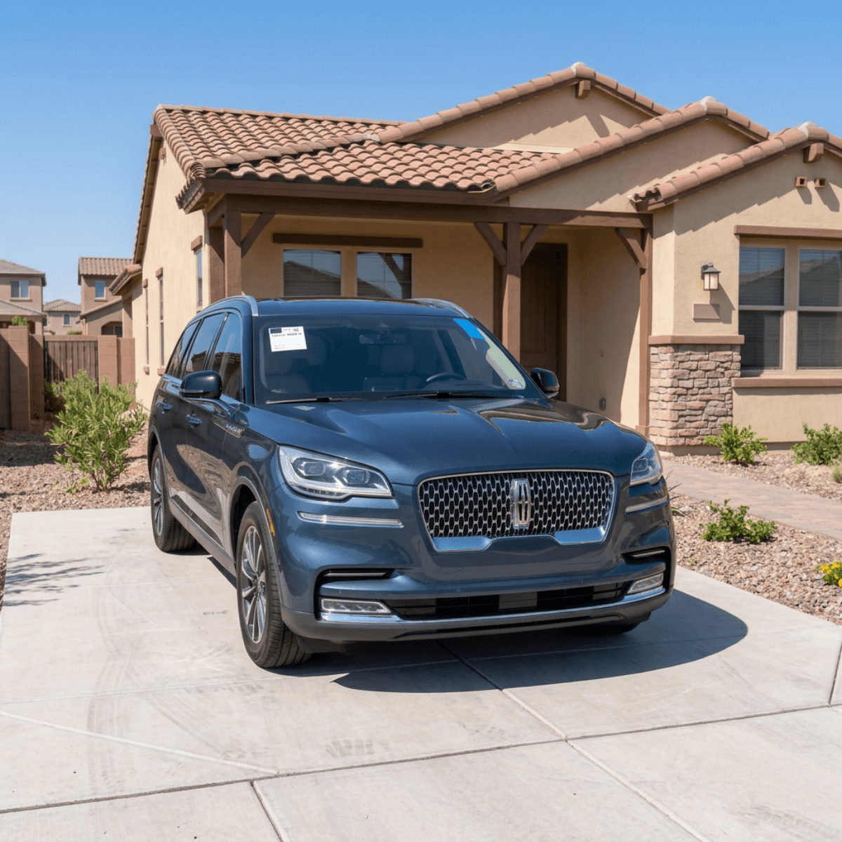 Gray Lincoln Aviator SUV with a carefully bonded new windshield at a Sierra Vista, AZ neighborhood home