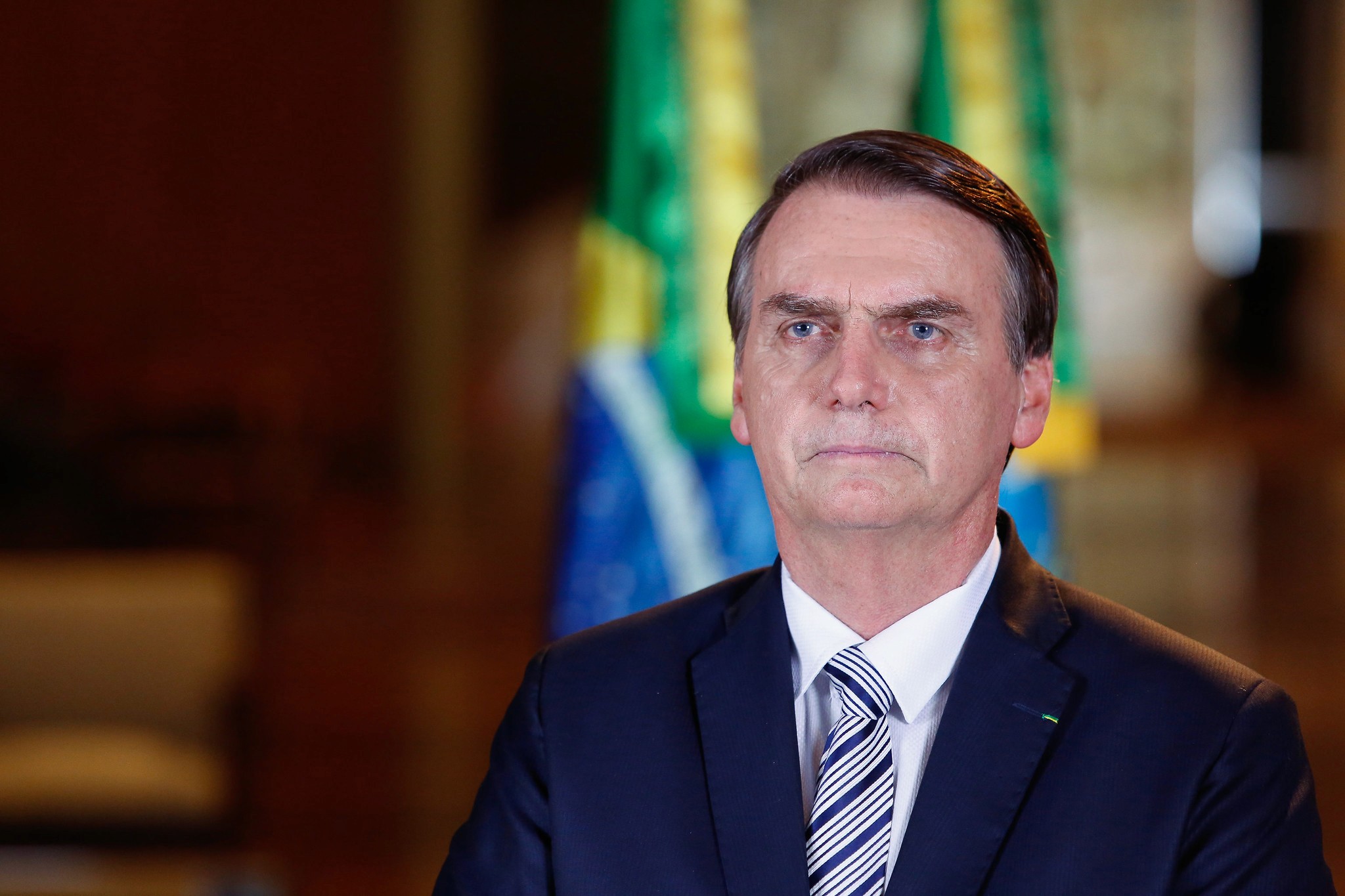 Então presidente Jair Bolsonaro durante gravação de pronunciamento à Nação em 20/02/2019. Foto: Isac Nóbrega/PR
