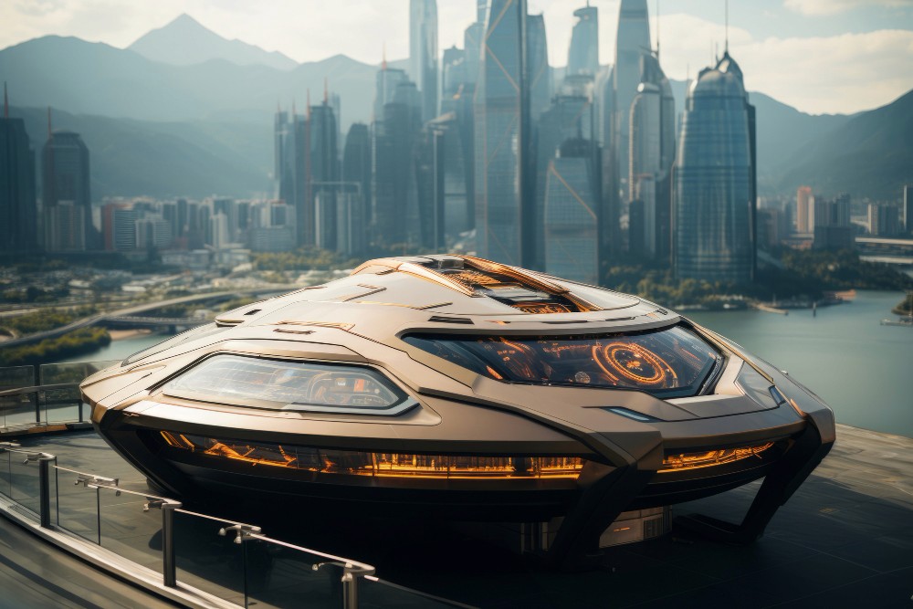 A large gold futuristic tank on a rooftop overlooking a skyscraper city
