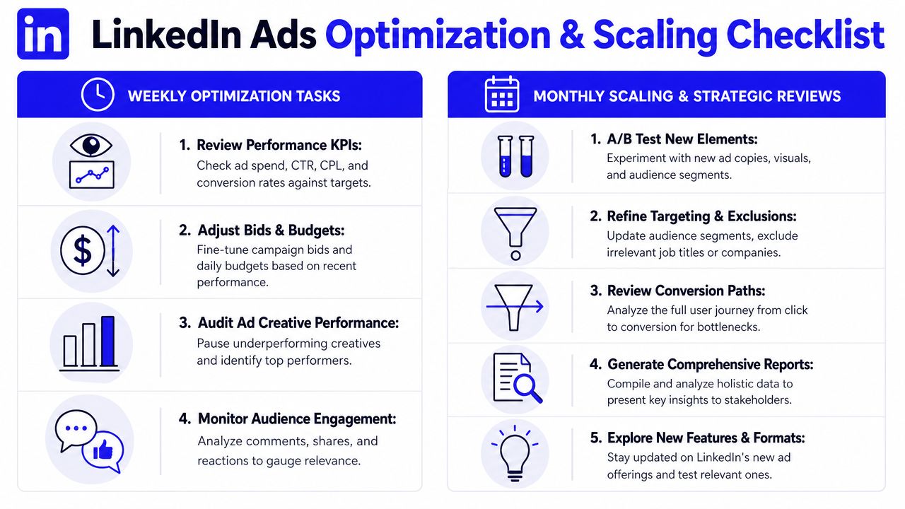A professional infographic titled LinkedIn Ads Optimization and Scaling Checklist covering weekly tasks and monthly strategies.