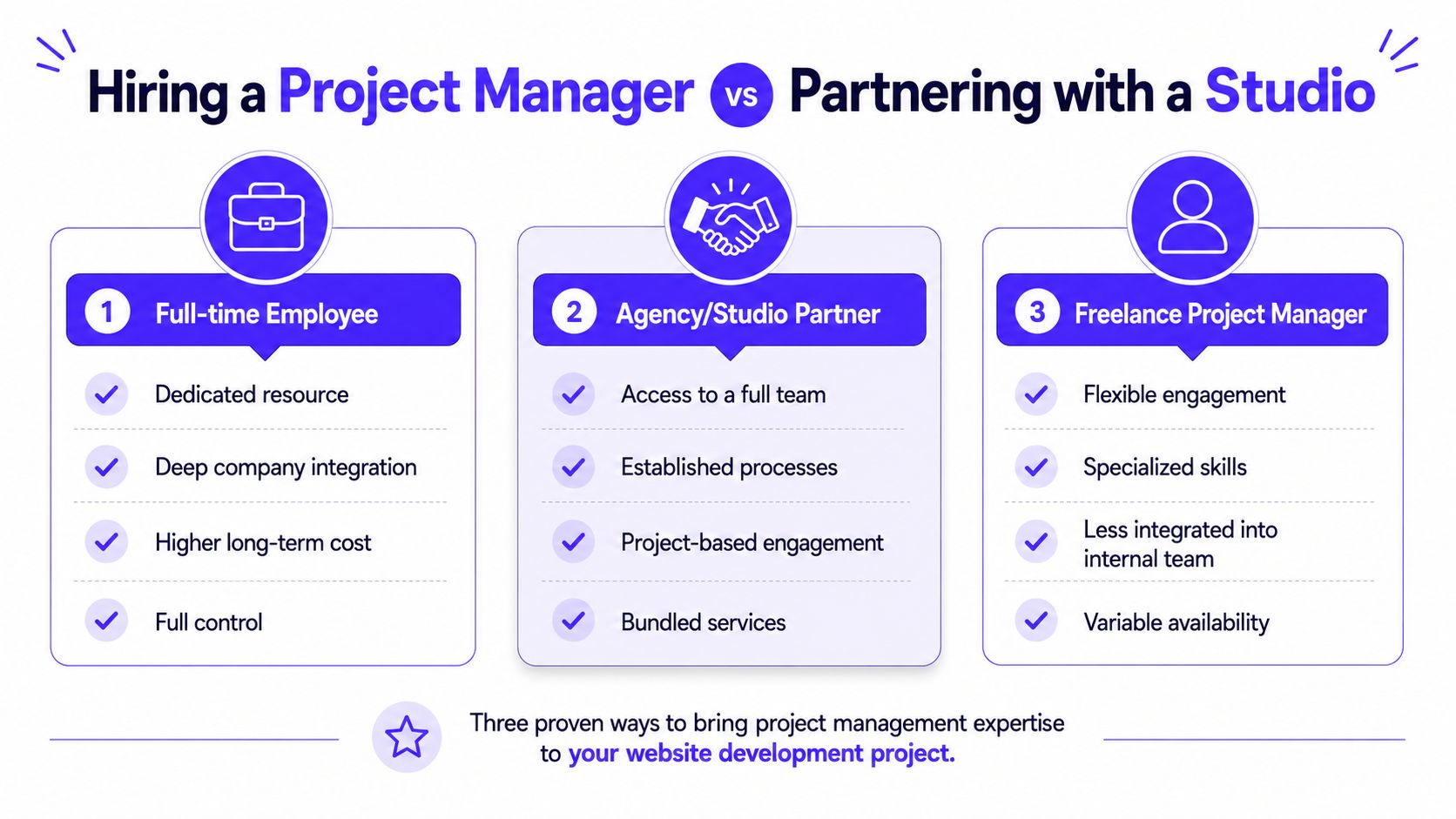 A comparison chart showing three ways to bring project management expertise to a website development project.