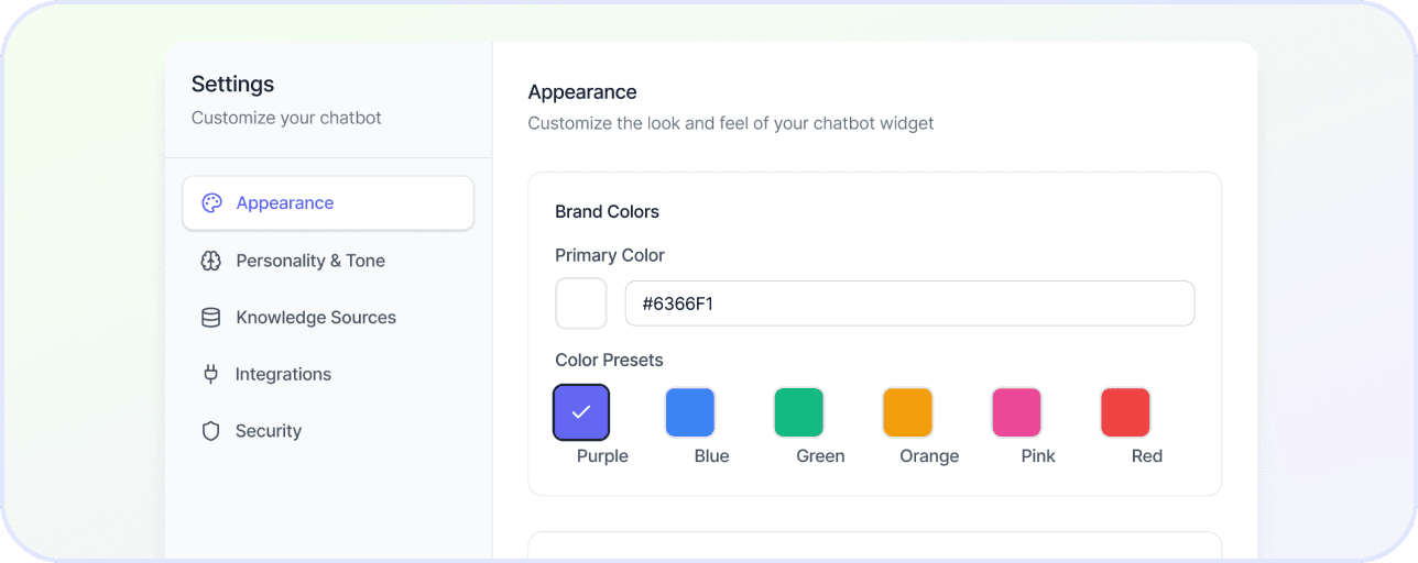 Settings page showcasing customizations