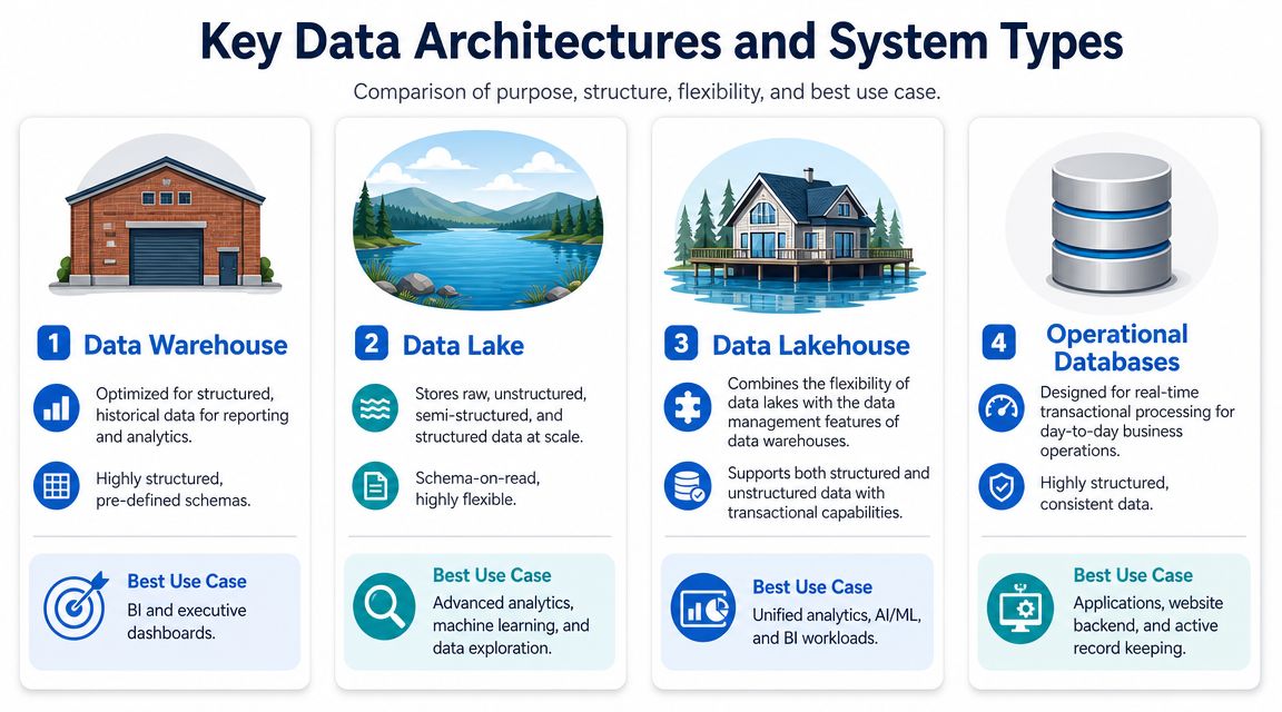 An infographic comparing data warehouse, data lake, data lakehouse, and operational databases for data management systems.