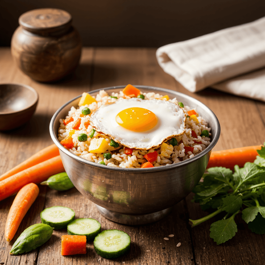 product photography of a bowl of mixed rice with vegetables and a fried egg