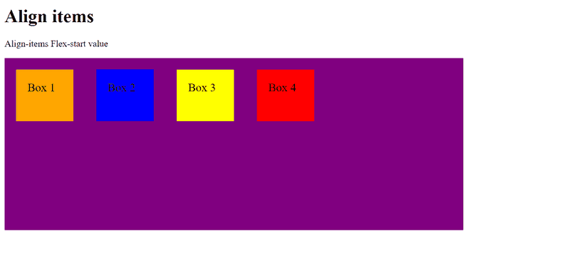 Four flex items being contained in a flex container with align-items flex-start value applied