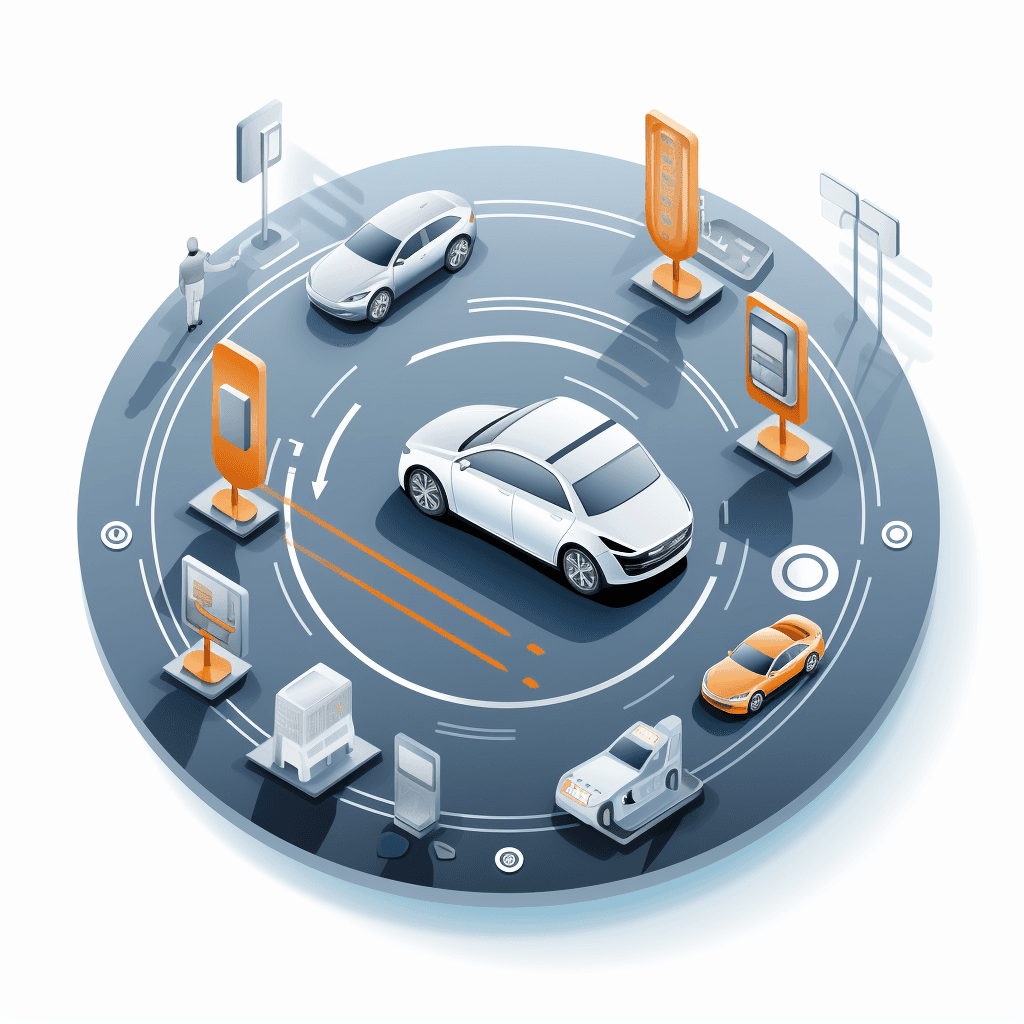 Isometric circular parking site with electric vehicles and chargers.