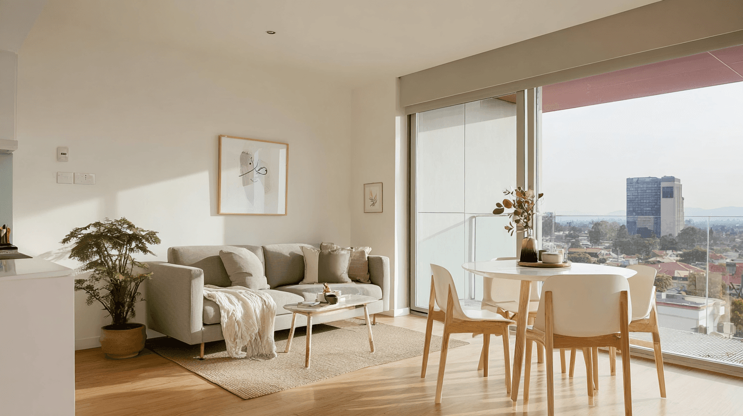 Bright modern apartment living room with a neutral color palette. The space features a light gray sofa with a blanket, a small wooden coffee table, and a round dining table with wooden chairs near floor-to-ceiling windows overlooking a cityscape. Natural light fills the room, highlighting minimalist decor and a potted plant in the corner.