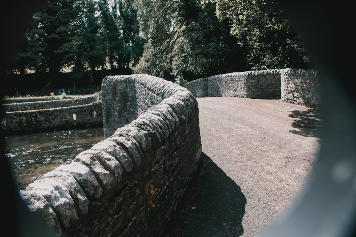 Stone bridge and path framed within an opening