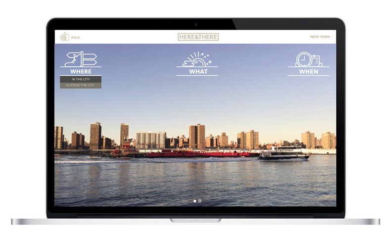 A laptop screen displays a cityscape with a body of water in the foreground and a city skyline in the background. The screen shows three tabs: “PICK,” “HERE&THERE,” and “NEW YORK.” Each tab displays a white icon: “PICK” with a thumbs-up, “HERE&THERE” with a sun icon, and “NEW YORK” with a clock icon. The “PICK” tab is selected.