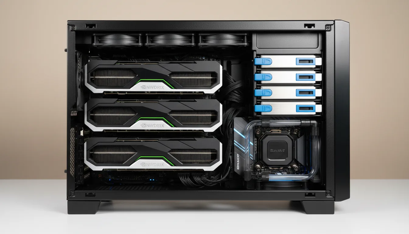 DSLR photograph of a high-performance computer workstation for 3D rendering, captured under soft studio lighting. The black and dark gray metal chassis is open, viewed from a straight-on side profile, revealing meticulously organized internal components. Multiple professional NVIDIA GPUs are stacked horizontally, their black shrouds contrasting with dense, light-colored heatsink fins. On the right, hot-swappable drive bays are visible with brushed silver faces and bright blue accents. The workstation sits on a clean white surface against a plain, neutral beige wall, with a sharp focus on the textures and engineering details throughout.