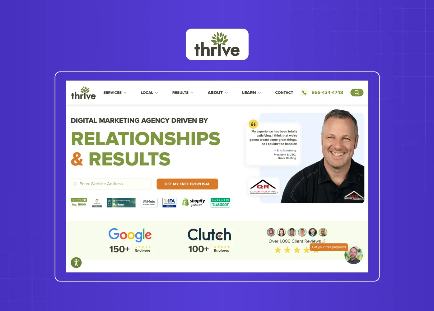 Marketing agency homepage emphasizing relationships and results through testimonials, ratings, and conversion-focused design.