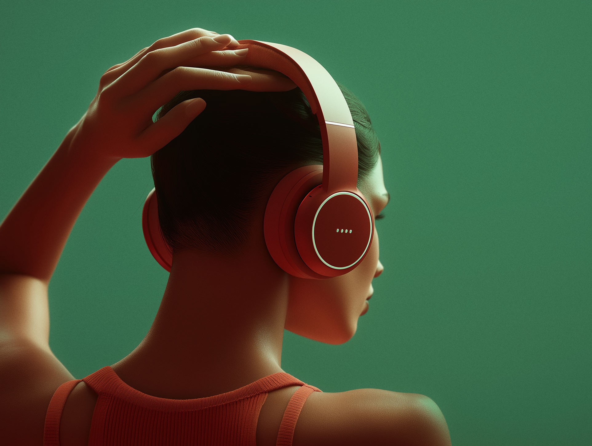 Back view of person wearing coral red headphones against deep green backdrop