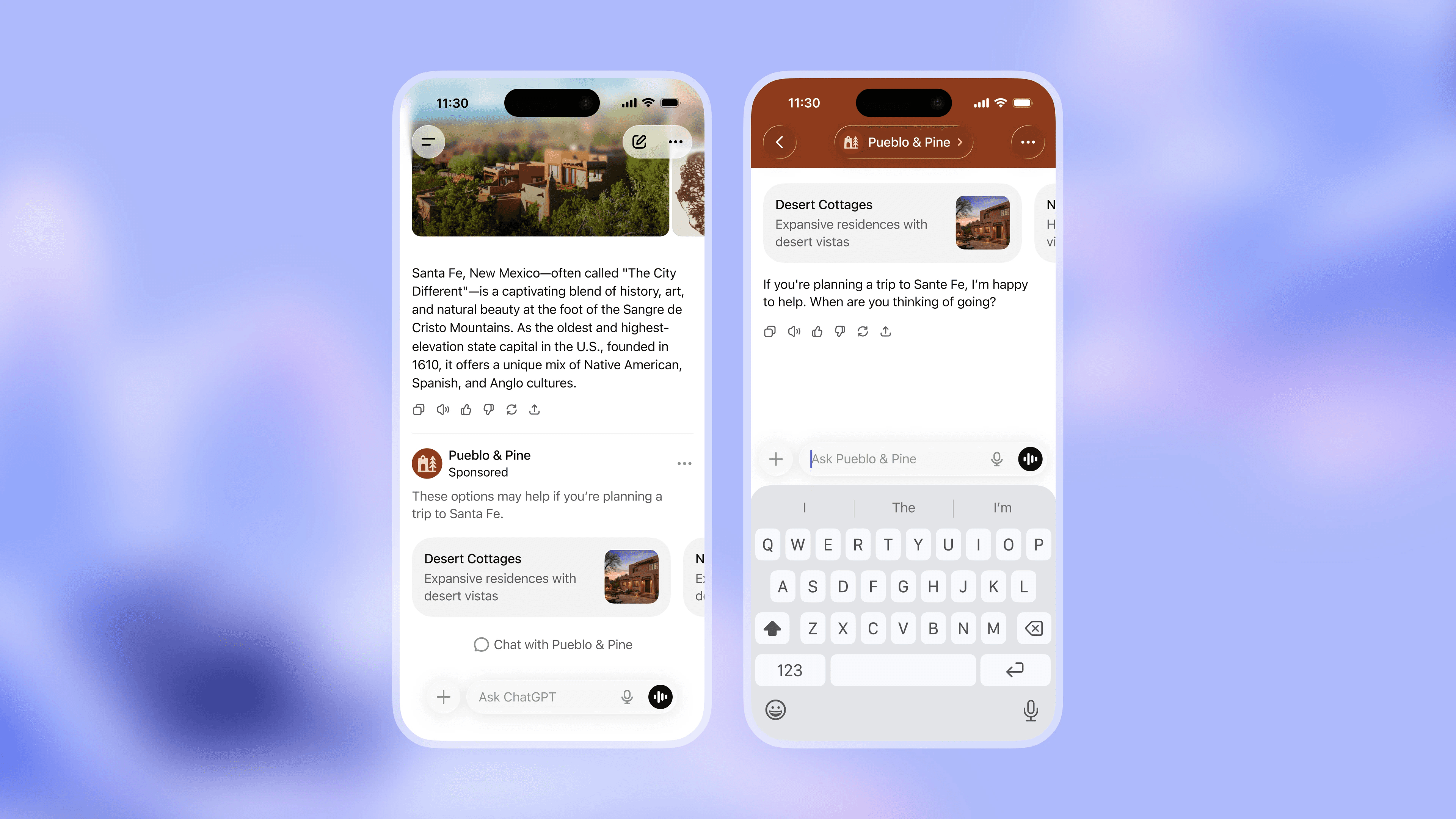  Two mobile phone screens showing a ChatGPT conversation about traveling to Santa Fe, New Mexico, with an informational travel response on the left and a clearly labeled sponsored listing for “Pueblo & Pine” desert cottages, and a follow-up chat view with a text input on the right, displayed against a soft blue gradient background | IDIGIU
